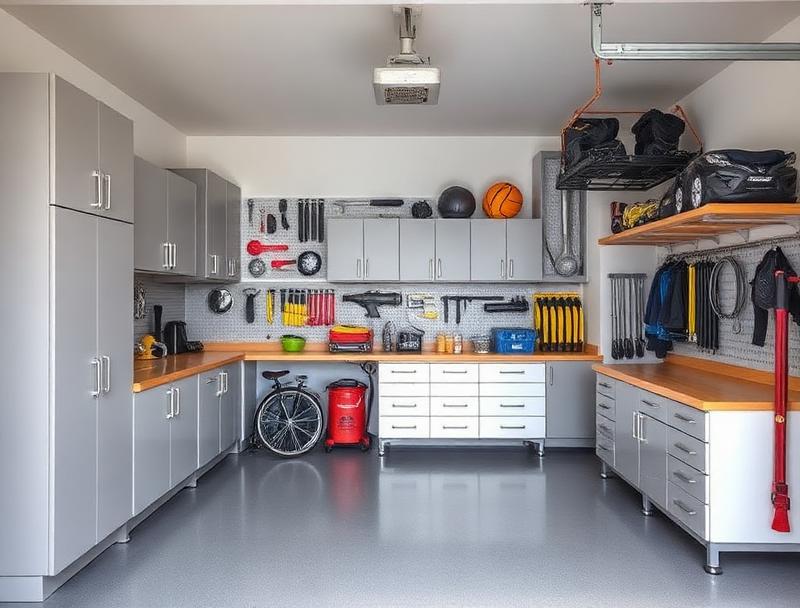 able-closet A well-organized garage with gray cabinets, wooden countertops, and wall-mounted pegboards holding tools, sports equipment, and supplies. A bike, vacuum, and neatly stored items are visible on the clean, gray floor.