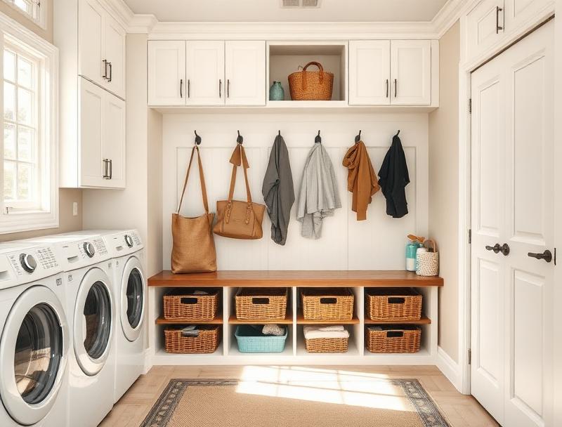 able-closet A bright, organized laundry room with a washer and dryer, white cabinets, a wooden bench, baskets, and hooks holding bags and clothes. Sunlight streams through a window.