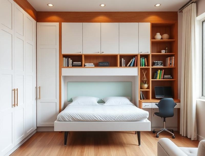 able-closet Modern bedroom with a neatly made bed, built-in white cabinets with wooden shelves above and around the bed, a small desk with a computer, a black chair, books, and decor by a window letting in natural light.