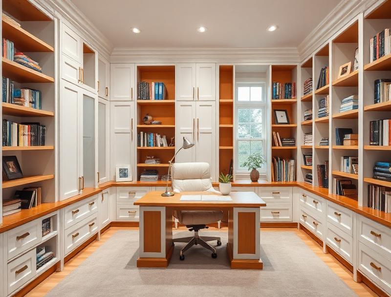 able-closet A spacious, well-lit home office with white built-in bookshelves filled with books, a large wooden desk, a white office chair, a desk lamp, and a potted plant, all set on a beige rug.