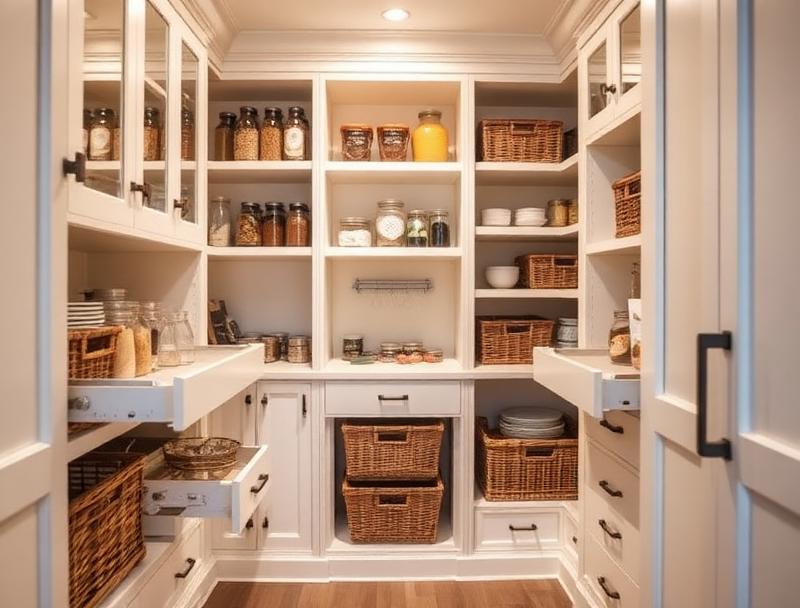 able-closet A neatly organized pantry with white shelves, glass jars of food, woven baskets, and dishes. Drawers and cabinets are partially open, displaying a tidy and well-stocked storage space with ample lighting.